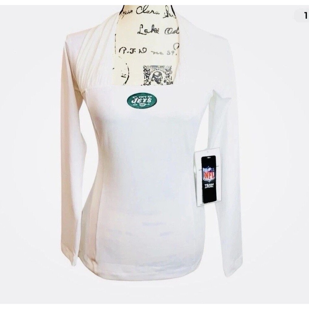 New York Jets All Sport Couture NFL Long Sleeve White Shirt Women's Large NEW L